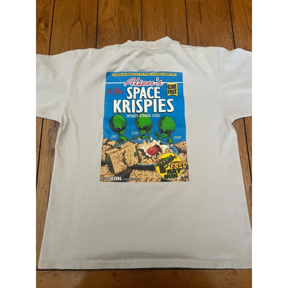 Vintage No Rules Alien Space Krispies Cereal Parody Skate T-Shirt White Large